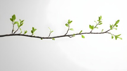 Vibrant spring branch with fresh green leaves, detailed and natural, isolated on a white background, showcasing the beauty of nature's renewal