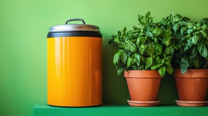 Obraz premium Vibrant Green Basil Plants in Decorative Pots with Rich Soil Showcasing Fresh Herbs for Culinary and Aromatic Use