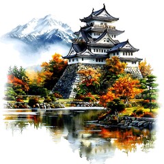 Obraz premium Serene Autumnal Landscape Japanese Castle Reflected in Calm Waters with Majestic Mountains.