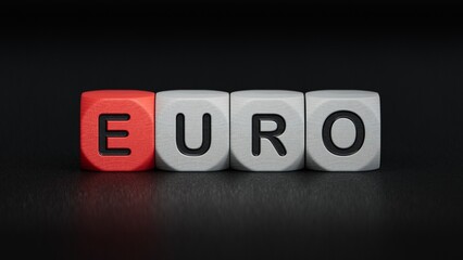euro Word Written In Wooden Cubes on documents.close up of wooden elements,Business Concept.3D rendering on black background.
