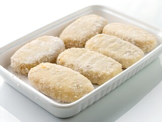 Fototapeta premium frozen fish cutlets in white tray isolated on white background