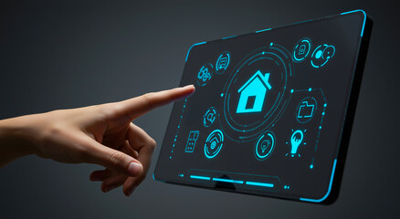 Tablet, touch and home with screen for smart house, digital technology, system and interface. Automation, security and finger with app, iot, device, modern lifestyle and control panel