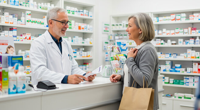 Pharmacist and woman at pharmacy counter for medicine, prescription and healthcare service. Drugstore, customer and medical advice with retail, professional or pharmaceutical for health