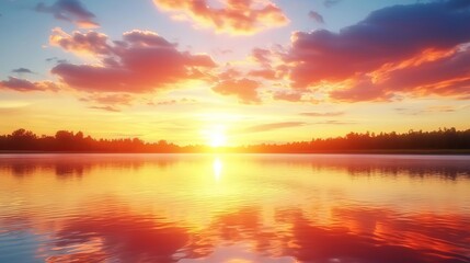 Obraz premium Lake sunset colorful stillness concept. Vibrant sunset reflecting on tranquil water surface.