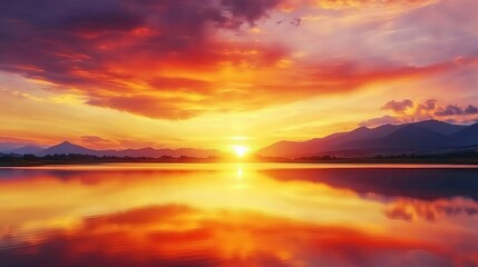 Obraz premium Lake sunset colorful stillness concept. Vibrant sunset over a tranquil lake with colorful reflections.