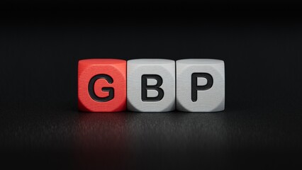 wooden cube block with GBP business word.close up of wooden elements,Business Concept.3D rendering on black background.
