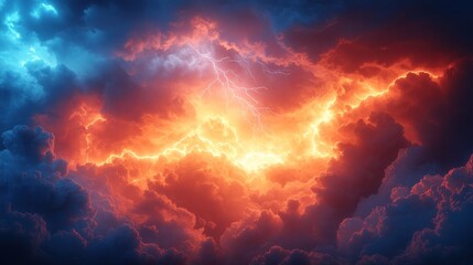 Fototapeta premium Fiery, stormy sky with lightning.