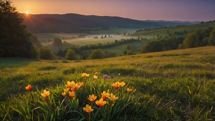 Fototapeta premium Colorful_spring_sunrise_on_meadow