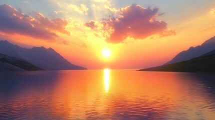 Fototapeta premium Lake sunset colorful stillness concept. Breathtaking sunset over a tranquil lake with mountains in the background.