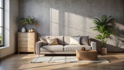 Obraz premium A Minimalist Living Room with a Grey Sofa and Natural Light Filtering Through the Window