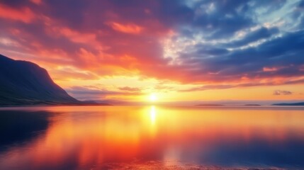Obraz premium Lake sunset colorful stillness concept. Vibrant sunset reflecting on tranquil water near mountains.