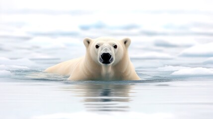 A polar bear swimming in icy waters among floating ice.