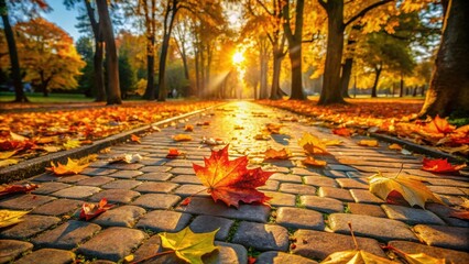 A close-up view of a stone path covered in fallen autumn leaves, bathed in the warm glow of a setting sun, casting long shadows and creating a picturesque scene of autumn beauty.