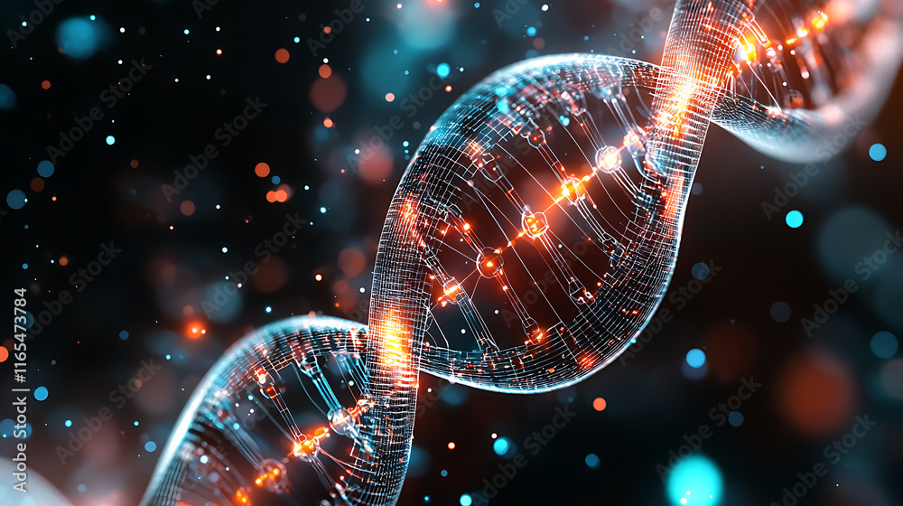 Poster exploring dna structure and function laboratory scientific visualization digital art abstract perspe