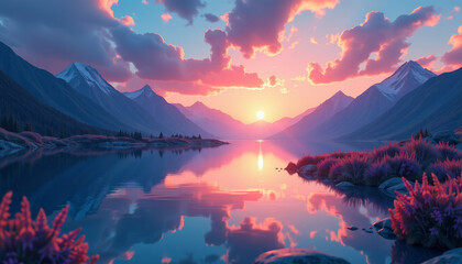 Serene Sunset Over Mountain Lake