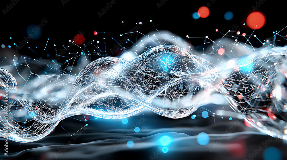 Poster dynamic flow of data waves virtual space abstract art digital environment close-up view technology c