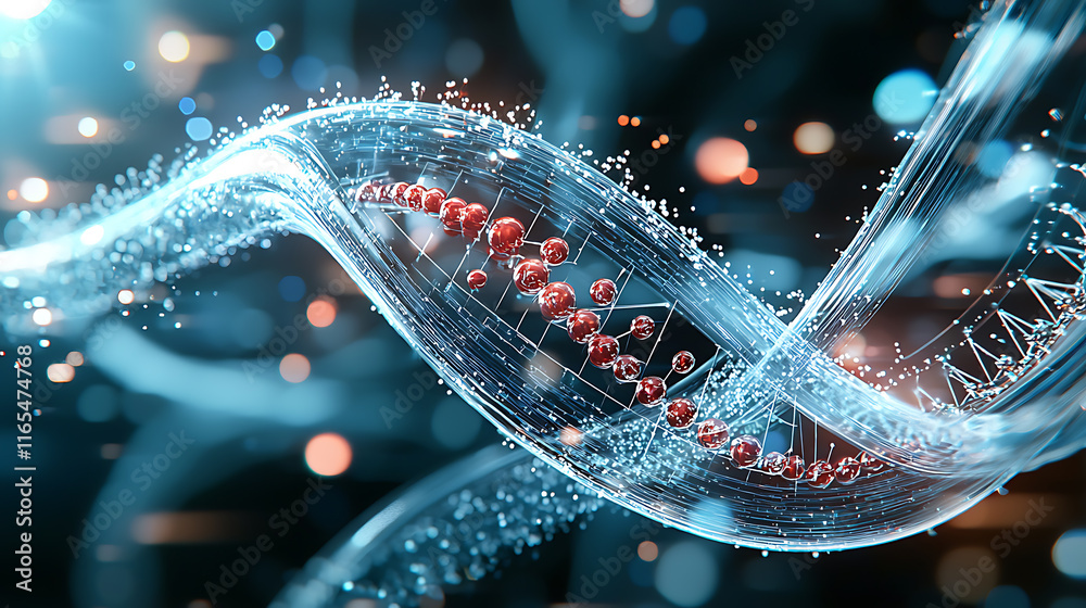 Poster exploring genetic structures through digital art laboratory visualization abstract close-up dna conc