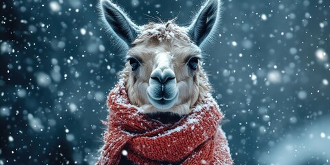Llama in snow with red scarf