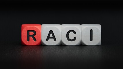 wooden cube block with RACI business word.close up of wooden elements,Business Concept.3D rendering on black background.