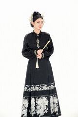 A girl wearing a horse-faced skirt in Ming Dynasty Hanfu costume on a white background