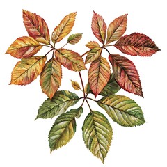 Watercolor painting of autumn leaves in shades of red, orange, and green, isolated on a white background.