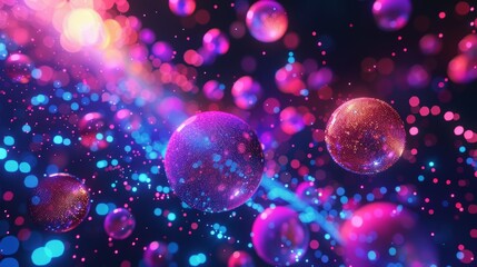 Colorful spheres with intricate patterns glow and float amidst a vibrant, abstract space, creating a captivating visual experience