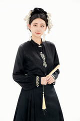A girl wearing a horse-faced skirt in Ming Dynasty Hanfu costume on a white background
