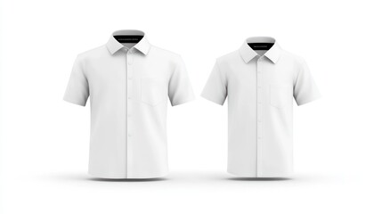 Two identical white short-sleeve shirts on a plain background.