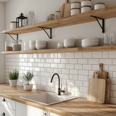 A 3D rendering of a Scandinavian-style kitchen with open shelving, natural wood countertops, and white subway tile backsplash.