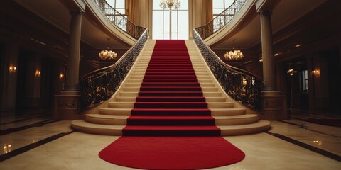Red Carpet Staircase with Chandelier