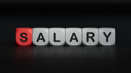 Obraz premium wooden cube block with salary business word.close up of wooden elements,Business Concept.3D rendering on black background.