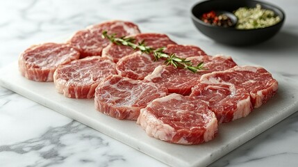 Fototapeta premium Freshly cut meat on a marble surface, ready for cooking.
