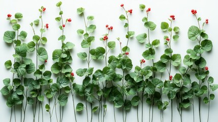 Fototapeta premium Green leaves and red berries arranged aesthetically.