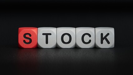 wooden cube block with STOCK business word.close up of wooden elements,Business Concept.3D rendering on black background.