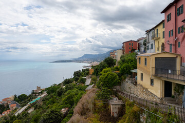 Colourful view on Italian Riviera and blue Mediterranean Sea from French-Italian border in Grimaldi village, Ventimiglia near San-Remo, travel destination, panoramic view