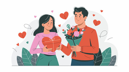 Fototapeta premium A couple exchanging gifts on Valentine's Day. The woman holds a heart-shaped gift box, and the man presents her with a bouquet of flowers.