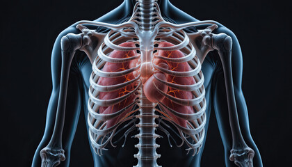 3D rendered human rib cage and chest anatomy showing bones with glowing red heart in medical x-ray style