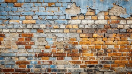 Obraz premium A weathered brick wall with peeling blue paint, revealing the underlying layers of red and yellow bricks, creating a mosaic of textures and colors.