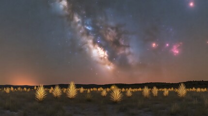 Obraz premium Illuminated desert plants under a majestic milky way