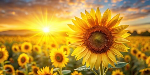 Obraz premium A single sunflower blooms vibrantly against a backdrop of a golden sunset, with a field of sunflowers stretching out behind it, creating a breathtaking scene of natural beauty.