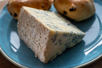 Cheese collection, English cow milk semi-soft, crumbly old stilton blue cheese and baked scones buns