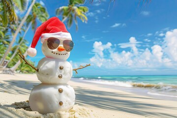  snowman in a Santa hat and cool sunglasses, chilling on a beach chair , celebrating a warm Christmas 