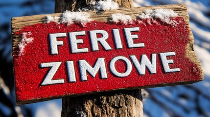 Drewniana tabliczka z napisem Ferie Zimowe na tle śniegu