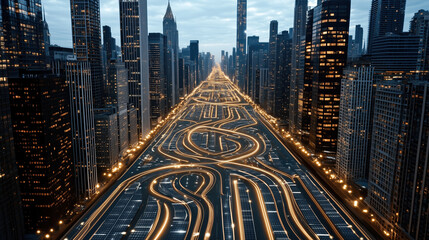 Aerial view of city skyline with illuminated roads at dusk