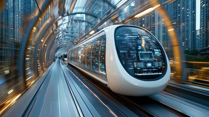 Fototapeta premium Futuristic train in high tech urban environment, showcasing speed and innovation