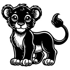 Black and White Baby Lion Silhouette Vector – Cute Wild Animal Illustration