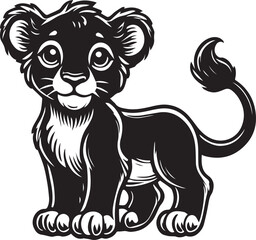 Black and White Baby Lion Silhouette Vector – Cute Wild Animal Illustration