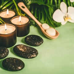 Spa Relaxation  Candles  Stones  and Tropical Leaves
