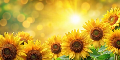 Fototapeta premium A vibrant cluster of sunflowers blooms against a backdrop of soft, golden light, creating a cheerful summer scene.