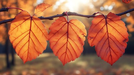 Obraz premium Three Autumn Leaves Hanging On A Branch